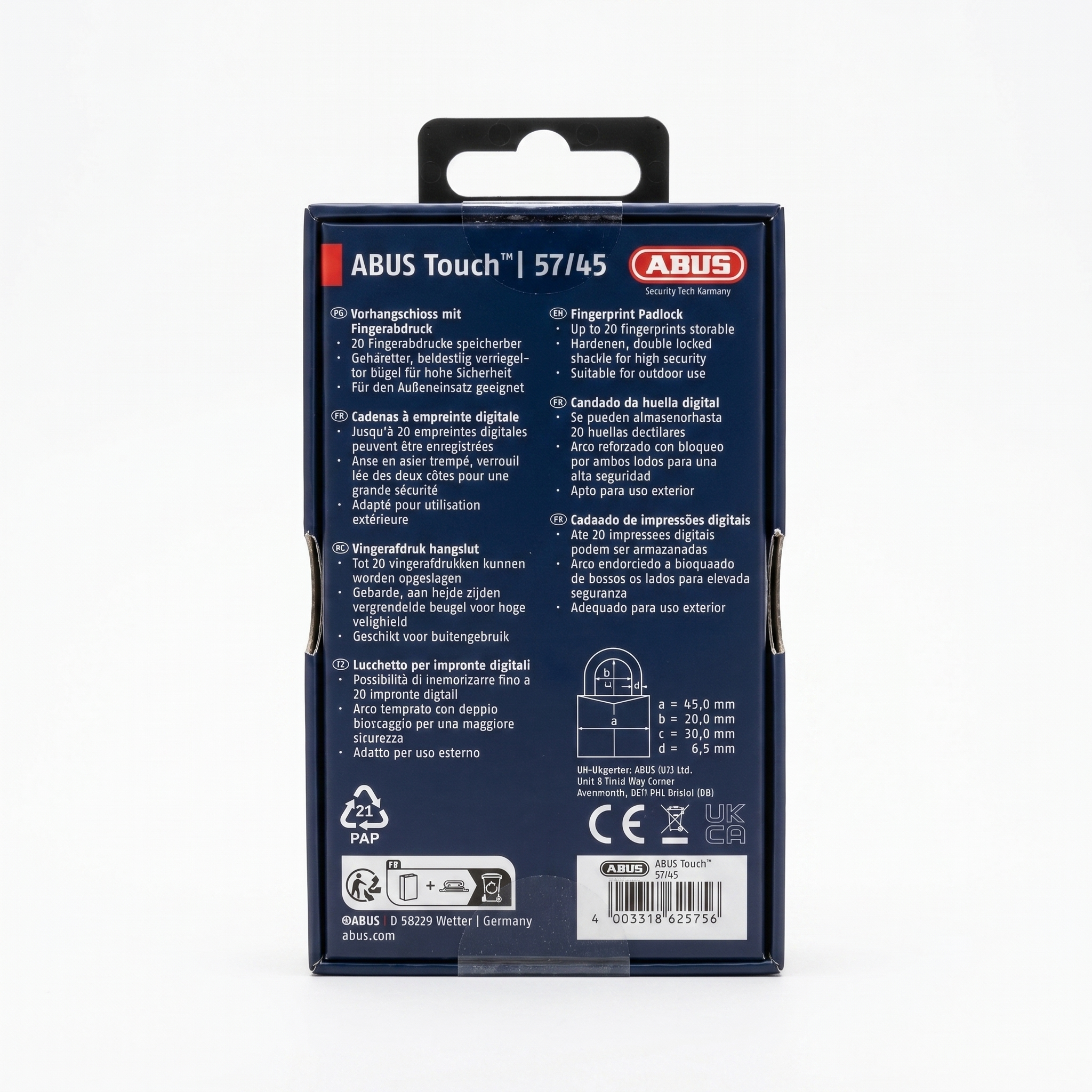 ABUS Touch™ 57/45 Fingerprint Hangschloss Vorhängeschloss